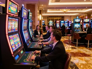 Players engaging with TR88 slot machines amidst vibrant casino atmosphere.