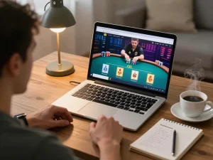 Engaging in an online poker game at home, the player focuses on alo8 strategy notes.