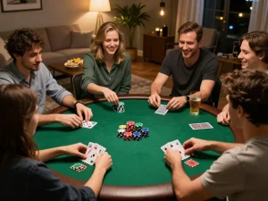 3win poker night scene with friends competing and enjoying a cozy atmosphere.