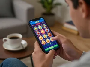 Player enjoying SC88 mobile casino app, engaging in exciting gameplay in a cozy home setting.