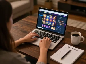 I9BET player engaging with dynamic slot games on laptop at home, showcasing a comfortable and responsible gaming setup