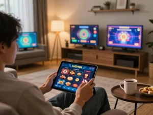 LUCKY88 player enjoying an online casino game on a tablet in a cozy living room.