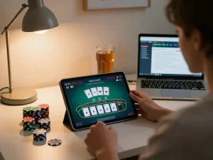 Engaging online baccarat gameplay at https://casino555win.com/ with tablets and strategies in a cozy home office