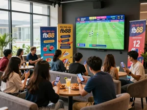 Dynamic scene at kèo nhà cái fb88 sports betting hub with enthusiastic bettors gathering around live match odds.