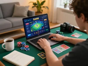 Player enjoying DA88 online casino gaming on laptop in stylish home setting