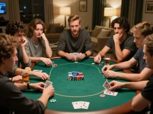 Players engaging in social gameplay at a home poker night, showcasing FABET trang cá cược strategies in action