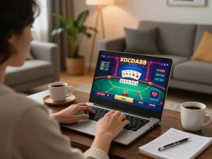 Engaging in online gaming at XOCDIA88, showcasing an interactive poker interface on a laptop with a cozy setting