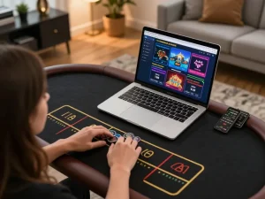 Player enjoying online casino games at ALO 8 on a stylish laptop in a comfortable home setting.