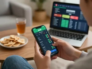 Player engaging with ALO8 sports betting app on smartphone while enjoying a cozy home setup.