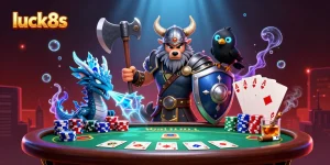 Engage with luck8s through an epic poker adventure featuring a Viking warrior, dragon, and raven in a colorful casino setting.