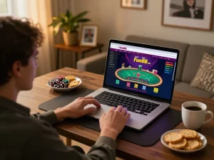 Engaging with Fun88 com through live dealer blackjack on a cozy home desk setup.