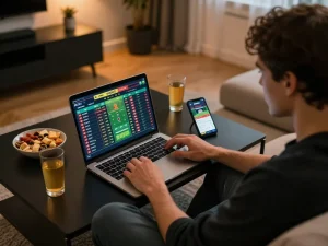 Engaged bettor placing live bets on xoilac sports events with real-time odds analysis on devices
