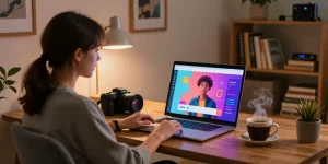 Interactive scene of a user engaging with nsfw character ai in a cozy home office, highlighting personalization and immersion.