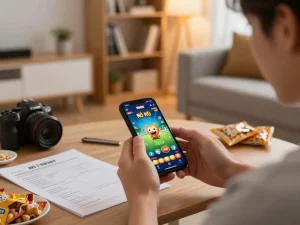 Nổ Hũ 98WIN gameplay on smartphone during a cozy home gaming session with notes and snacks.