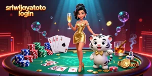 Sriwijayatoto login visualizes a glamorous casino scene with a stylish woman and a cartoon tiger, showcasing poker elements.