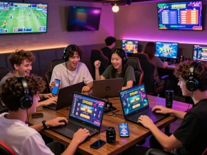 Players enjoying online gaming at OPEN88 in a vibrant lounge, showcasing sports betting and casino games.