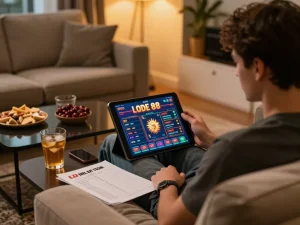 Engaged player using LODE 88 app on tablet in cozy home setting for online gambling
