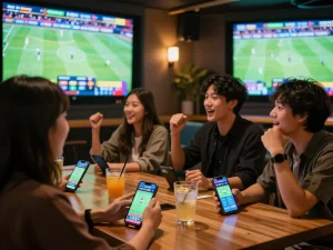 Cheering friends enjoy sports betting with the FLY888 app on their phones in a lively lounge