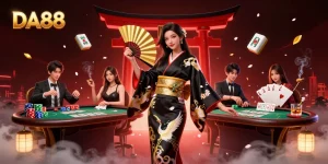 Experience thrilling gameplay with DA88 in this vibrant casino scene featuring cards and chips.