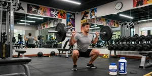 Muscular athlete performing barbell squat at gym, showcasing Prime Pharma Steroiden for muscle growth.