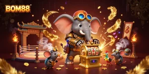 BOM88 captivates in a 3D steampunk casino scene with a golden slot machine, vibrant energy, and rich details.