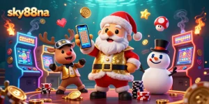 Sky88na showcases a vibrant casino scene with Santa and friends playing slots and enjoying games.