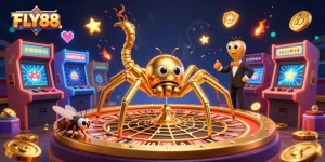FLY88 captivates with thrilling bets at the roulette wheel as a golden spider spins its web.