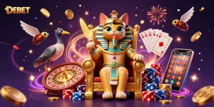 DEBET captivating scene features an Egyptian pharaoh cat amidst flying coins and casino elements, enhancing excitement.