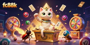 Experience the excitement of fc88k with a dynamic pyramid casino scene featuring a mummy cat and games of chance.
