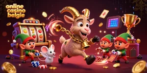 Engaging illustration of an online casino belgie scene with cartoon characters amid dynamic gaming elements.