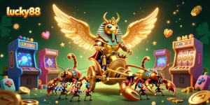 Engage with lucky88's vibrant 3D casino illustration showcasing a golden scarab beetle amidst colorful game machines.