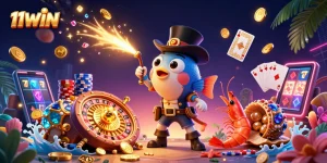 Experience the excitement of 11WIN with this vibrant underwater Casino-themed illustration featuring lively characters.