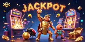 Experience the thrill of XOILAC with a victorious beetle lifting a poker chip amidst vibrant casino excitement.