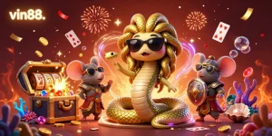 Join the excitement at vin88. with Medusa and friends in a packed casino scene bursting with games and color.