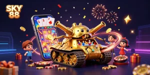 Engage in thrilling gaming action at SKY 88 with this vibrant 3D casino illustration featuring a golden beetle tank and slot game elements.