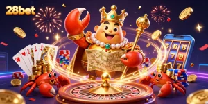 Winning at 28bet with vibrant casino elements and a golden crab emperor amidst immersive game features.