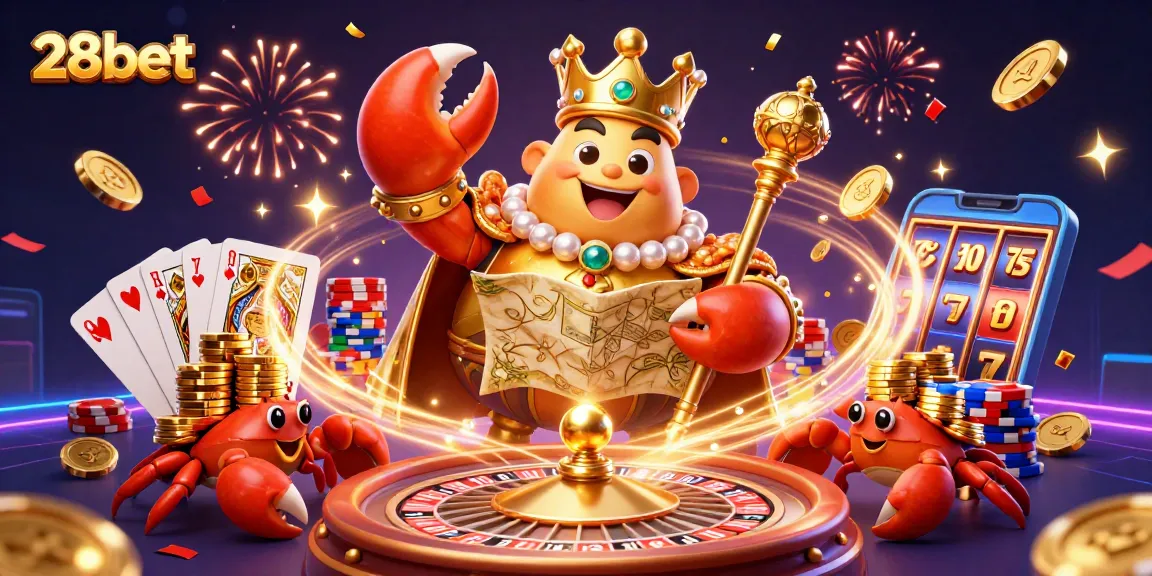 Winning at 28bet with vibrant casino elements and a golden crab emperor amidst immersive game features.