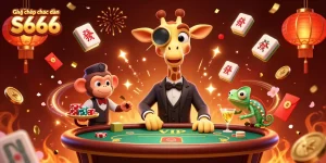 Engage with the thrilling atmosphere of Giấy phép hoạt động S666, showcasing vibrant casino characters and elements.