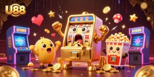 Win big with U88's exhilarating slot machines and classic arcade game elements in a vibrant casino setting.