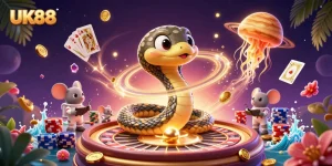 Engage with UK88's vibrant casino atmosphere through playful astronaut mice betting on a Saturn-themed roulette scene.