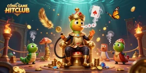 CỔNG GAME HITCLUB provides a vibrant 3D illustration of an enchanting casino scene with golden coins and poker hands.