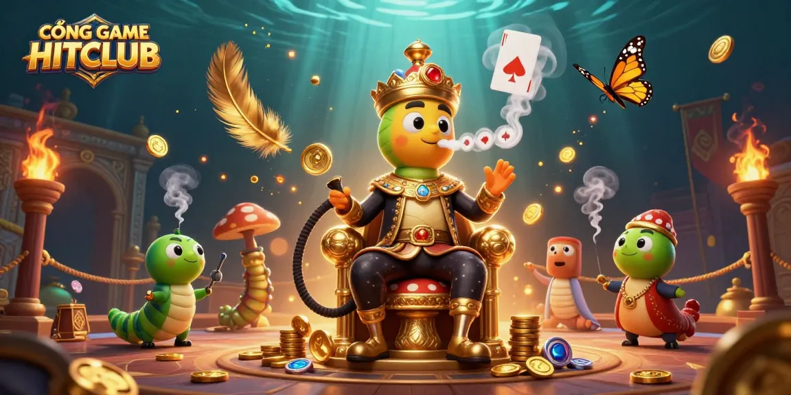 CỔNG GAME HITCLUB provides a vibrant 3D illustration of an enchanting casino scene with golden coins and poker hands.