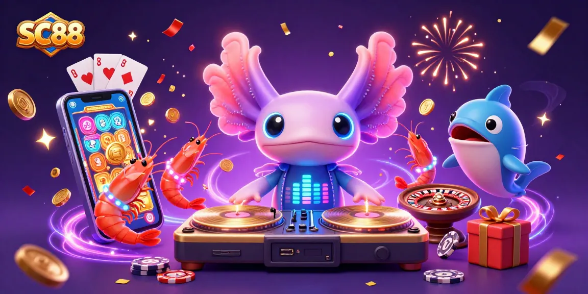 Engage with SC88's vibrant underwater casino world, featuring a cartoon axolotl DJ spinning games, gold coins, and excitement.
