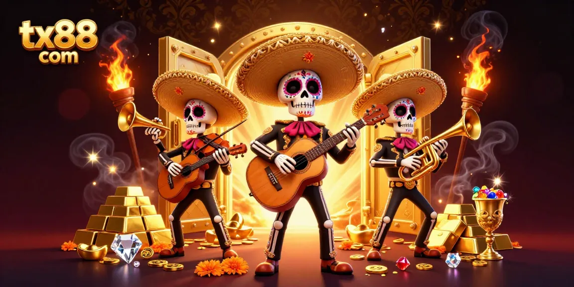 Experience the thrilling world of tx88 com with a lively skeleton mariachi band amidst treasure vaults and dazzling gems.