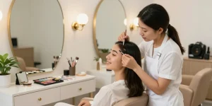 Het aanbrengen van poederplakjes in een schoonheidssalon, waarbij kunstzinnigheid en empowerment worden getoond.