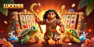 Play the exciting LUCKY88 slot with dynamic characters and rich casino visuals.