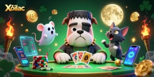 Xoilac offers thrilling card games with a mystical bulldog dealer and crypto-themed elements