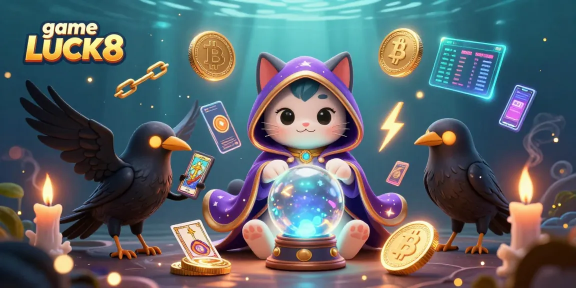 Experience game LUCK8 with a dynamic gaming scene featuring mystical characters and vibrant cryptocurrency elements.