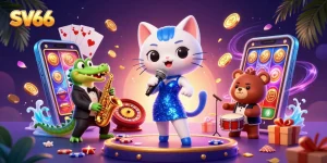 Experience the excitement with SV66's vibrant online casino scene featuring colorful games and animated characters.