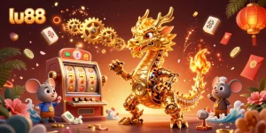Engage with lu88's vibrant slot game dynamic featuring a golden dragon amidst sparkling casino elements.